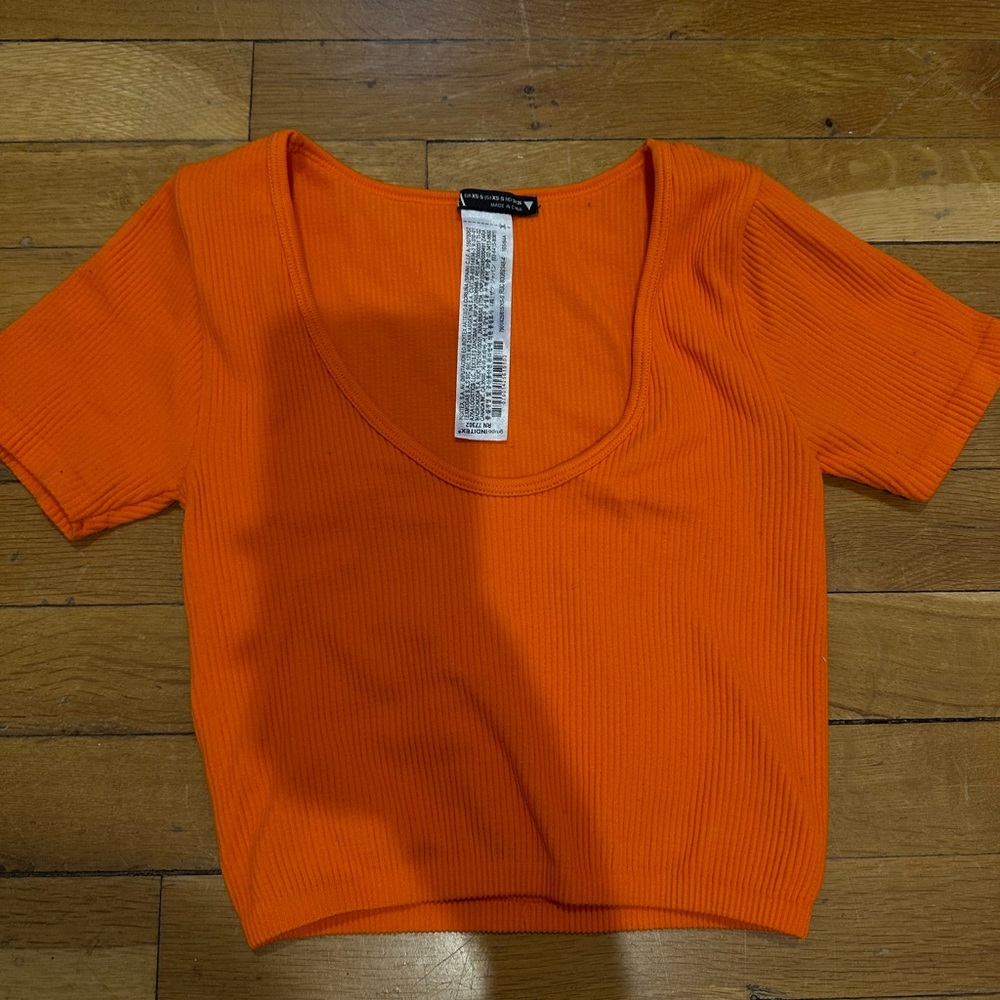 Zara Women’s Ribbed orange neon scoop tee shirt ribbed t-shirt top